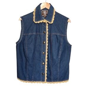 Double D Ranch Denim Vest Medium Y2K Western Boho Crochet Trim Cowgirl‎ Rodeo